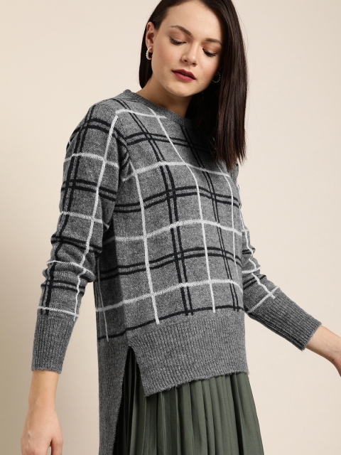 

her by invictus Women Grey & Navy Blue Checked Pullover Sweater