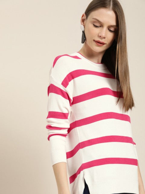 

her by invictus Women White & Pink Striped Pullover Sweater