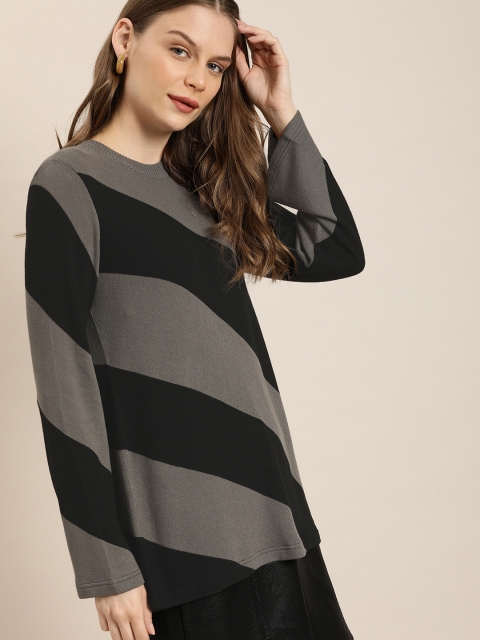 

her by invictus Women Black & Grey Striped Pullover Sweater