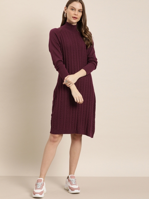 

her by invictus Women Purple Self Design Sweater Dress