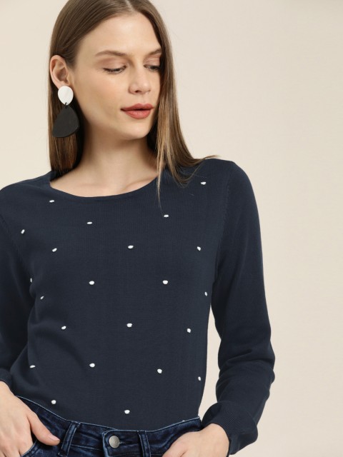 

her by invictus Women Navy & White Self Design Pullover Sweater, Navy blue