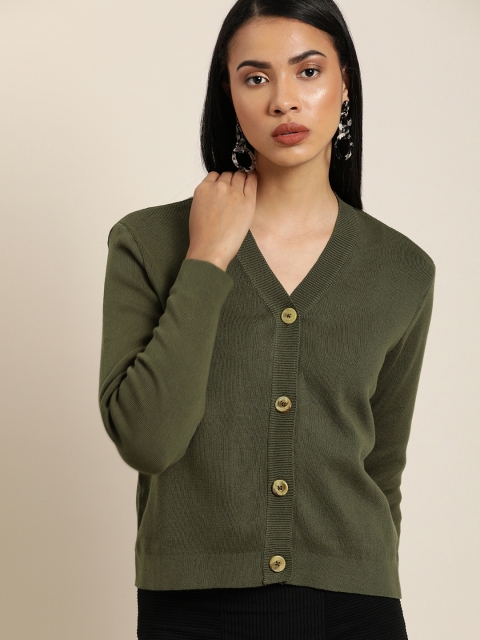 

her by invictus Women Olive Green Solid Cardigan
