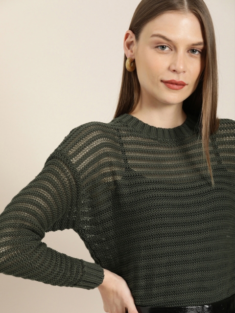 

her by invictus Women Olive Green Self Design Pullover Sweater