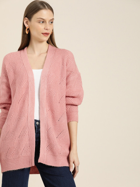 

her by invictus Women Pink Self Design Open Front Shrug