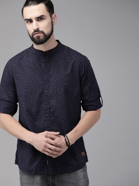 

Roadster Men Navy Blue & Olive Green Regular Fit Printed Casual Shirt