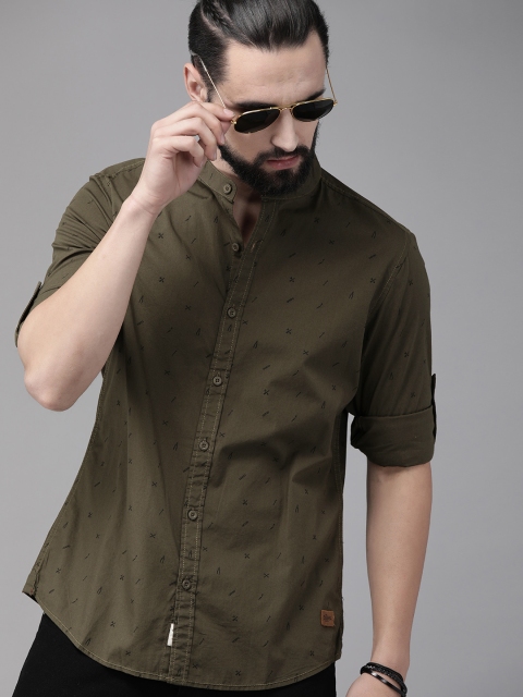 

Roadster Men Olive Green & Black Regular Fit Printed Casual Shirt