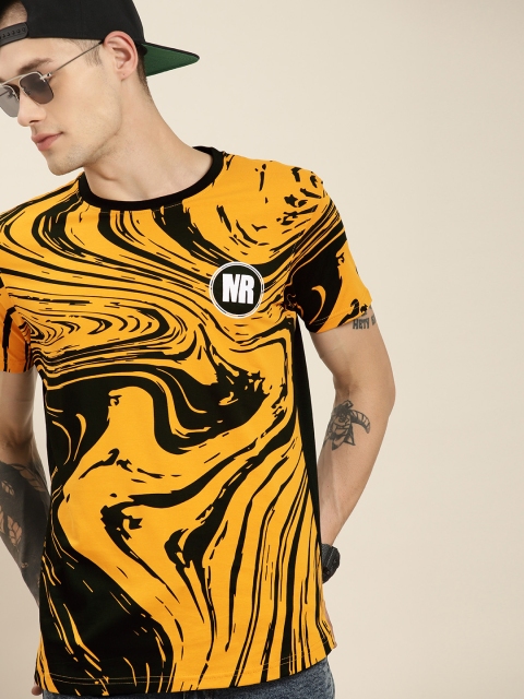 

Moda Rapido Men Mustard Yellow & Black Printed Round Neck T-shirt