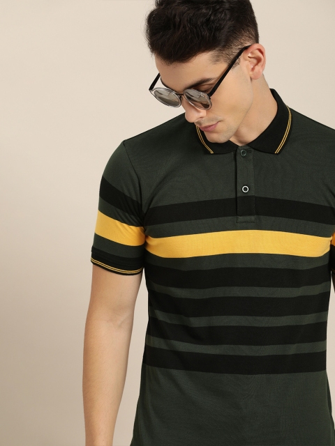 

Moda Rapido Men Olive Green & Yellow Striped Polo Collar T-shirt