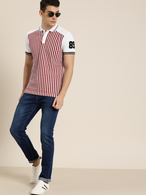 

Moda Rapido Men White Maroon Striped Polo Collar Pure Cotton T-shirt