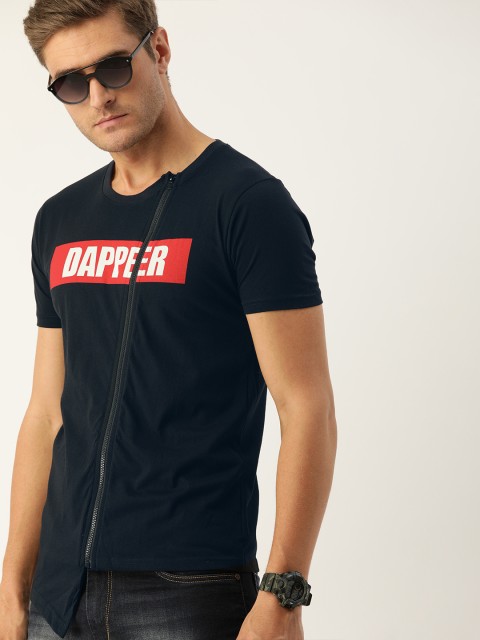 

Moda Rapido Men Black Printed Round Neck T-shirt With Zip Closure & Asymmetric Hem