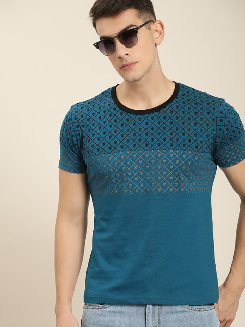 

Moda Rapido Men Teal Blue Printed Round Neck T-shirt