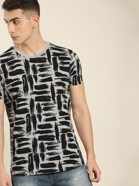 

Moda Rapido Men Grey Melange & Black Printed Round Neck T-shirt