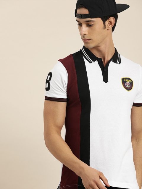 

Moda Rapido Men White & Burgundy Colourblocked Polo Collar T-shirt