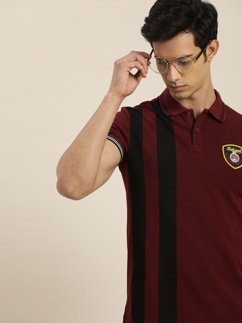 

Moda Rapido Men Burgundy & Black Striped Polo Collar T-shirt