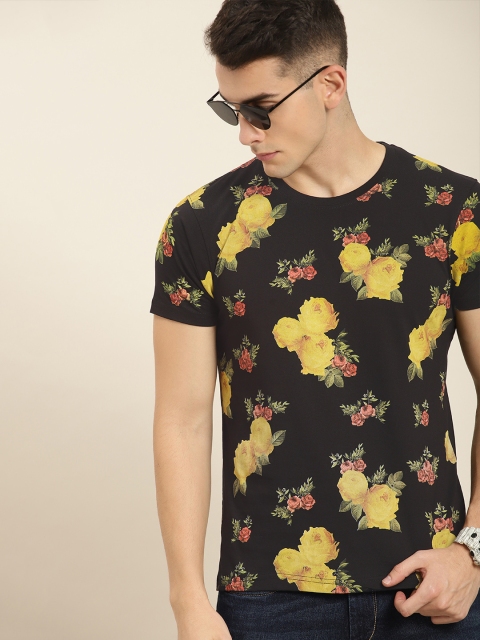 

Moda Rapido Men Black Yellow Printed Round Neck Pure Cotton T-shirt
