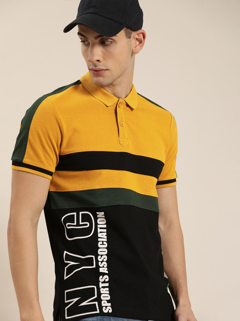 

Moda Rapido Men Mustard Yellow & Black Printed Polo Collar T-shirt