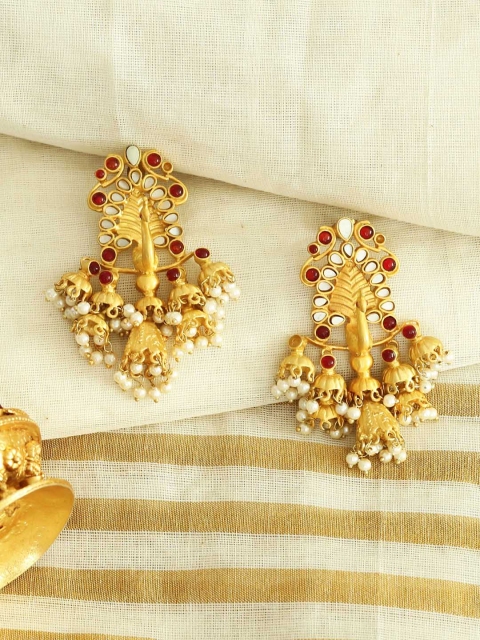 

Unniyarcha Jewellery Gold-Plated Peacock Shaped Drop Earrings