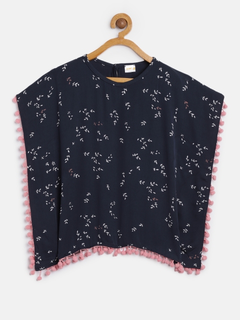 

Aomi Girls Navy Blue Leaf Print Kaftan Top