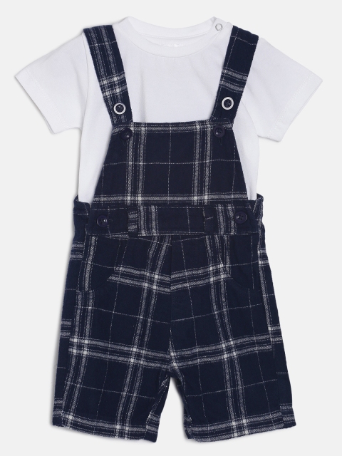 

Aomi Kids Navy Blue Checked Dungarees with Tshirt