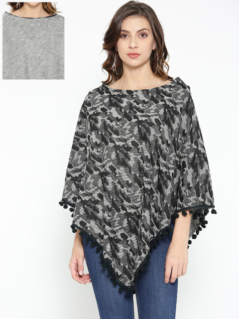 

Skidlers Women Grey & Black Woven Design Reversible Poncho Top