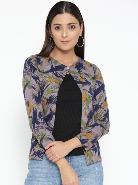 

Skidlers Women Taupe & Navy Blue Printed Shrug