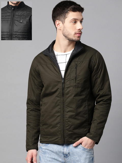 

Van Heusen Men Olive Green & Black Solid Reversible Padded Jacket