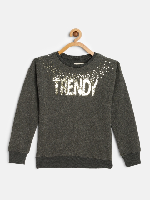 

VITAMINS Girls Charcoal Self Design Flip Sequin Sweatshirt
