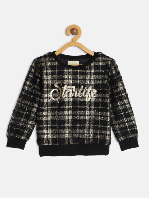 

VITAMINS Girls Black & Gold-Toned Checked Sequinned Sweatshirt