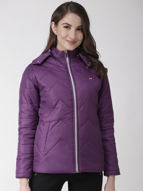 

Okane Women Aubergine Solid Padded Detachable Hood Jacket, Purple