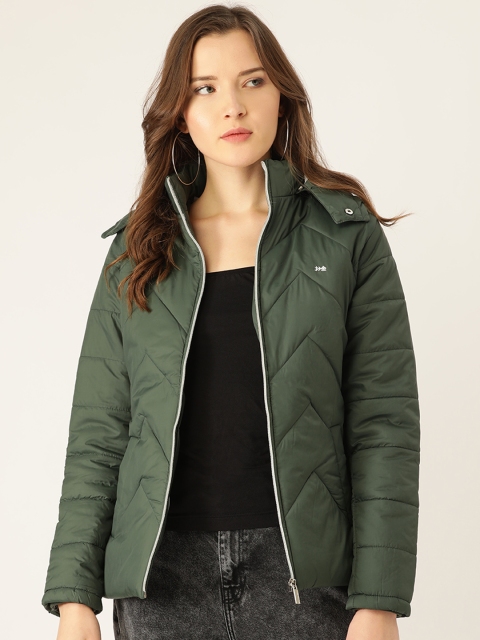 

Okane Women Olive Green Solid Padded Jacket with Detachable Hood