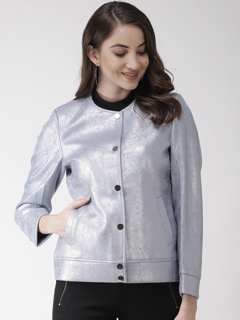 

Okane Women Silver & Blue Dual-Toned Self Design Tailored Jacket