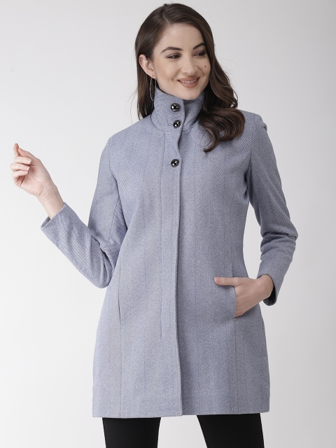 

Okane Women Blue Self-Striped Single-Breasted Overcoat