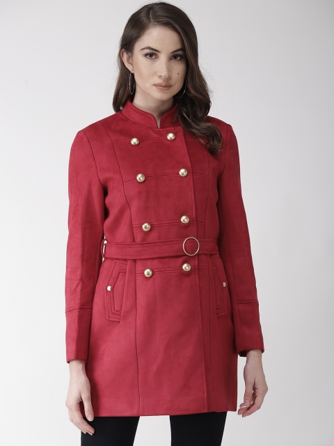 

Okane Women Red Solid Double-Breasted Suede Pea Coat with Belt