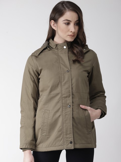 

Okane Women Olive Green Solid Padded Jacket with Detachable Hood