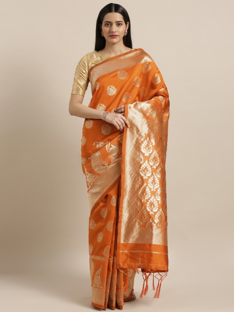 

Mitera Women's Orange Colored Banarasi Art Silk Saree With Unstitched Blouse Piece.