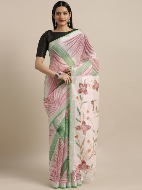 

Mitera Off-White & Mauve Linen Blend Printed Saree