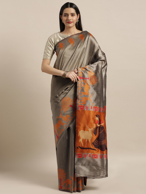 

Mitera Grey & Rust Orange Art Silk Woven Design Saree