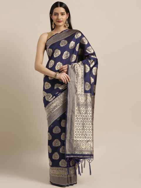 

Mitera Navy Blue & Gold-Toned Art Silk Woven Design Kalamkari Saree