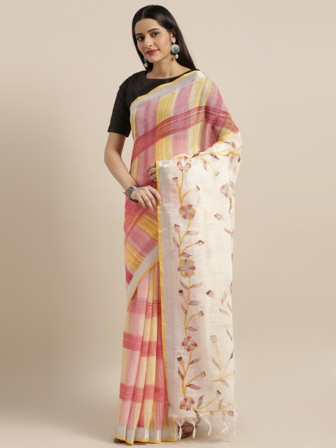 

Mitera Off-White & Pink Linen Blend Printed Saree