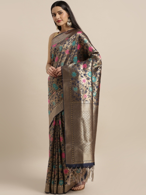 

Mitera Navy Blue & Gold-Toned Art Silk Woven Design Saree