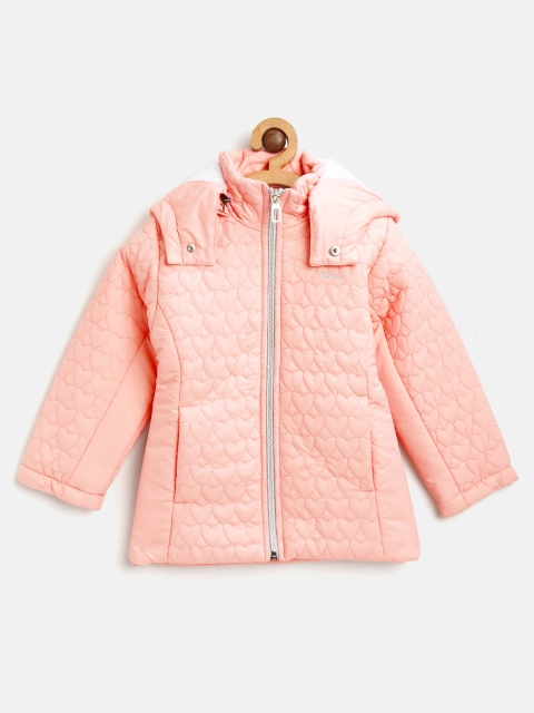

Okane Girls Peach-Coloured Self Design Quilted Jacket with Detachable Hood