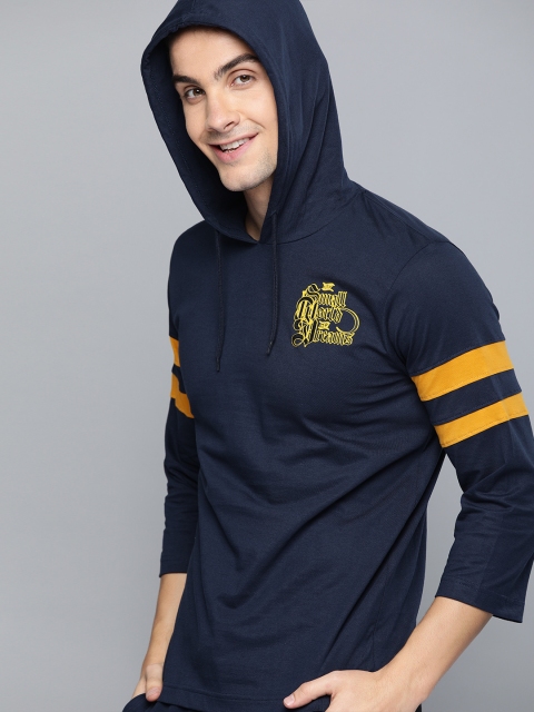 

HERE&NOW Men Navy Blue Back Printed Hood T-shirt