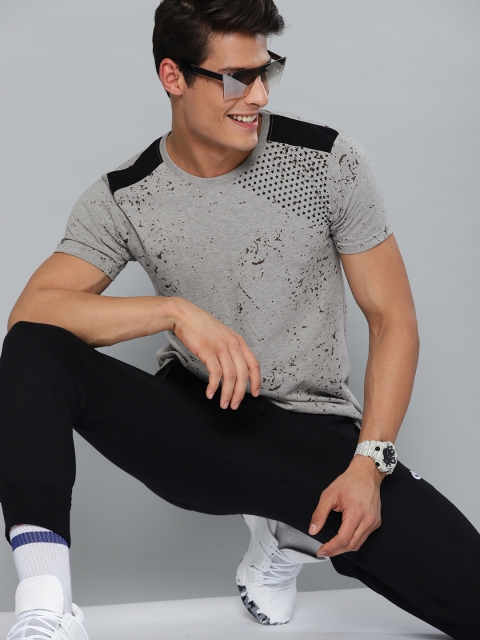 

HERE&NOW Men Grey Melange & Brown Printed Round Neck T-shirt