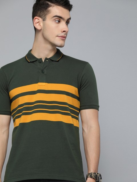 

HERE&NOW Men Olive Green & Mustard Yellow Striped Polo Collar T-shirt