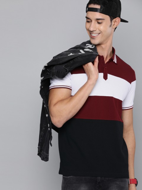 

HERE&NOW Men Maroon & White Colourblocked Polo Collar T-shirt