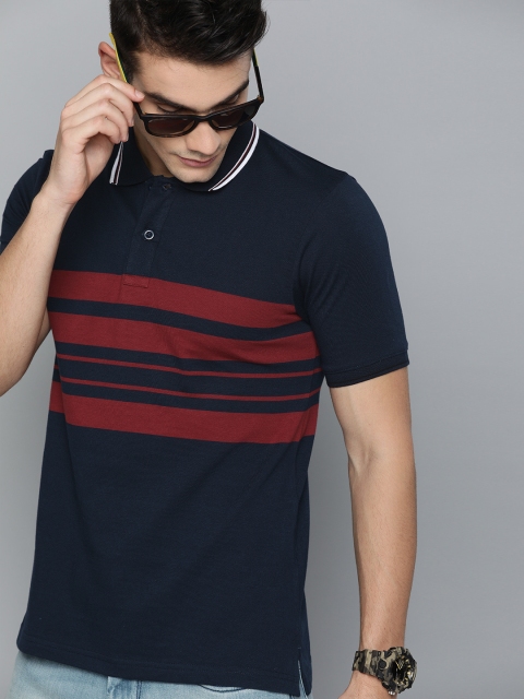 

HERE&NOW Men Navy Blue & Maroon Striped Polo Collar T-shirt