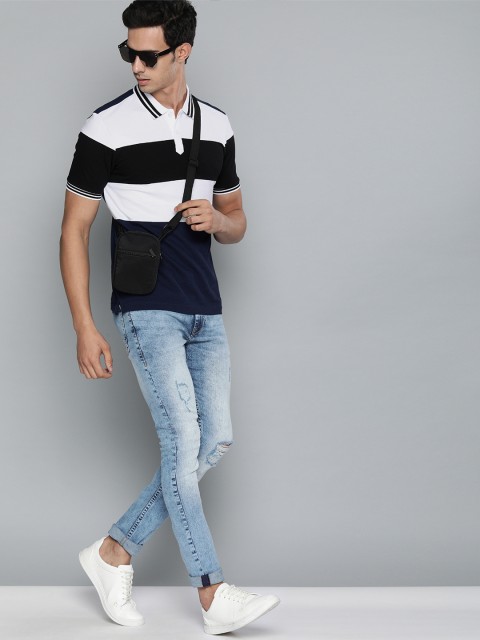 

HERE&NOW Men Navy Blue & White Colourblocked Polo Collar T-shirt