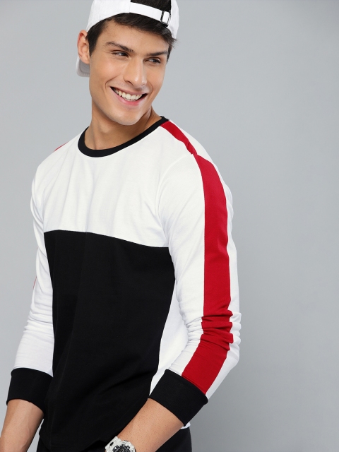 

HERENOW Men White Black Colourblocked Round Neck Pure Cotton T-shirt