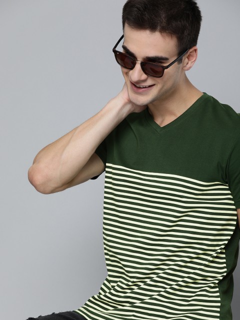 

HERE&NOW Men Olive Green Striped V-Neck T-shirt