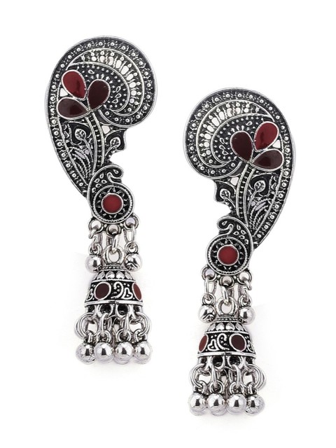 

Rubans Silver-Toned & Maroon Meenakari Oxidised Classic Jhumkas